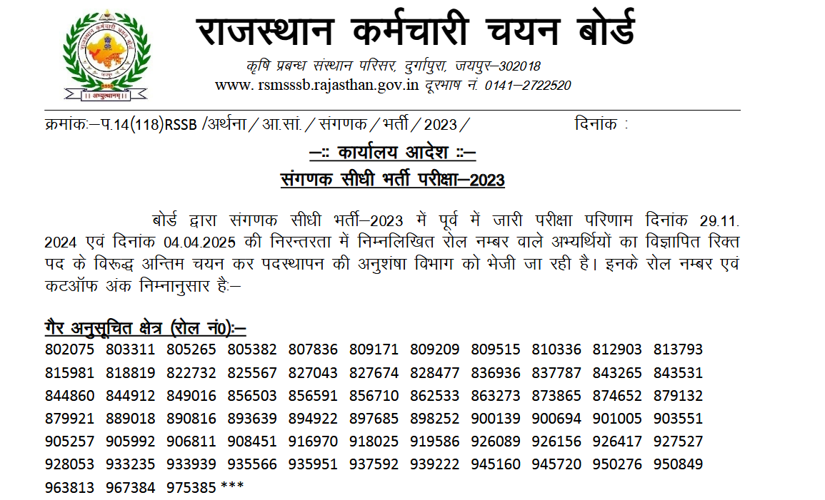 RSSB Sangnak Computer 2023 Exam Result 2025