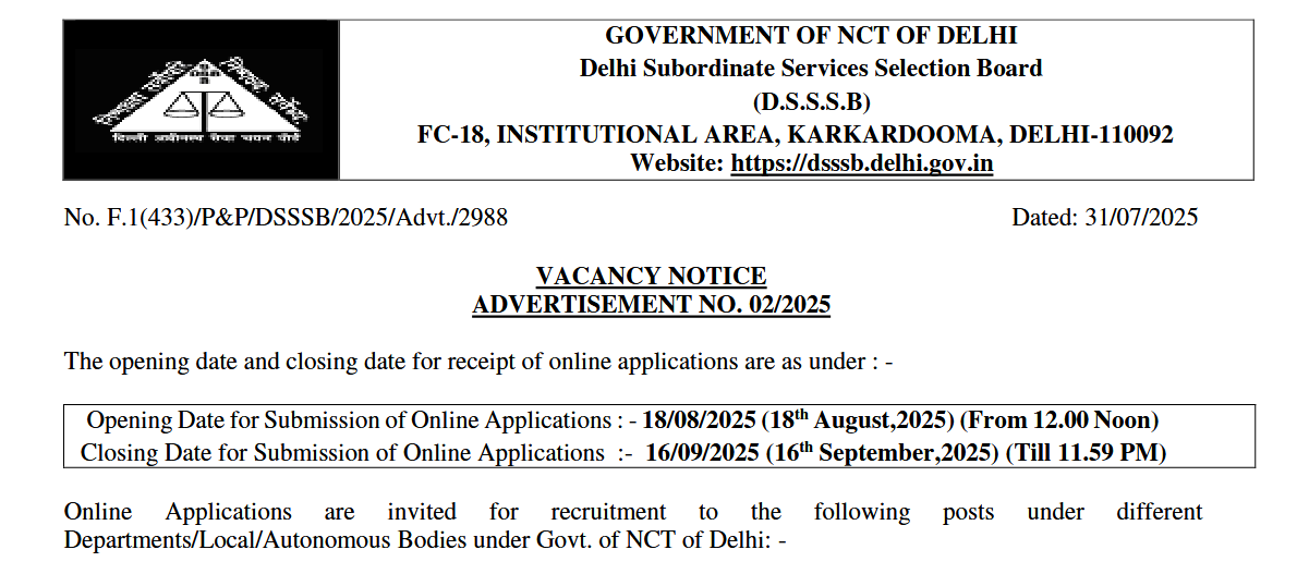 DSSSB Various Post Online Form 2025 | Advt No 02/2025