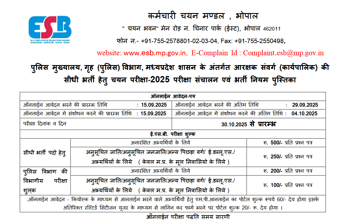 MPESB MP Police Constable Online Form 2025 for 7500 Post