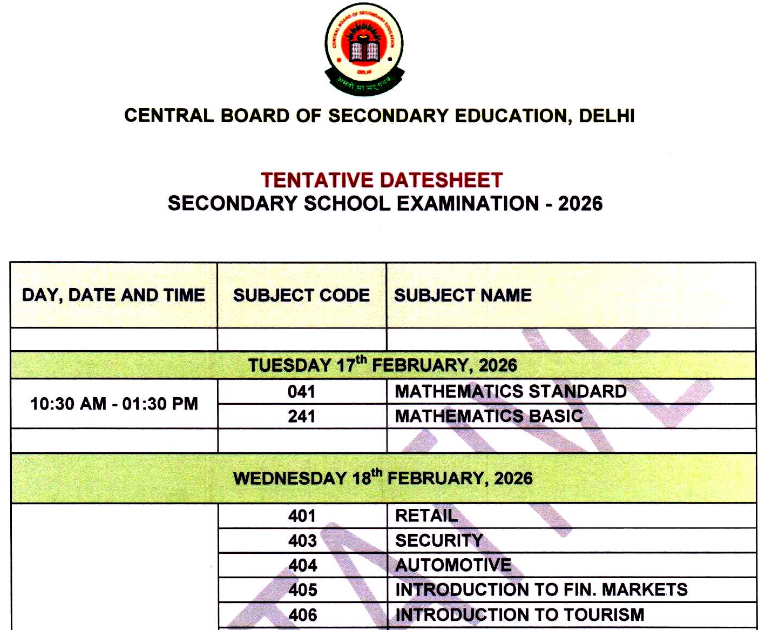 CBSE Board Class 10th and 12th Time Table 2026
