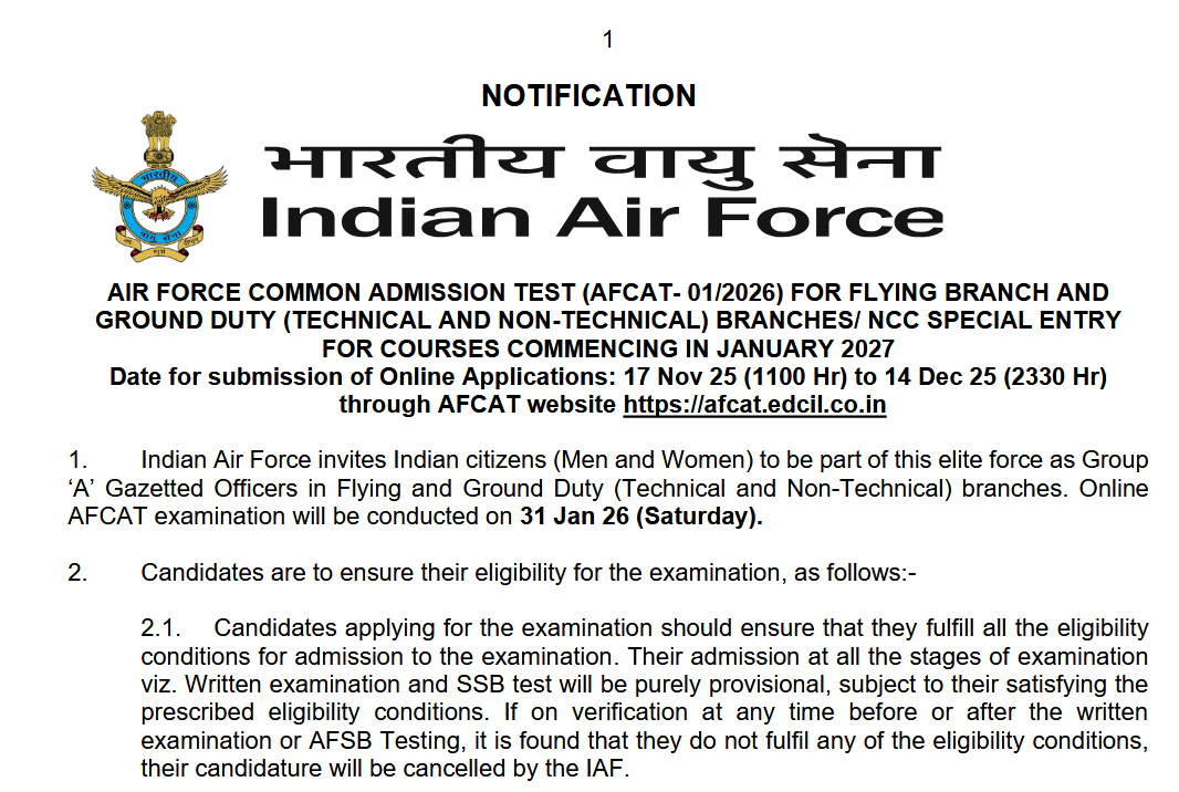 Indian Airforce AFCAT 01/2026 Batch Online Form 2025