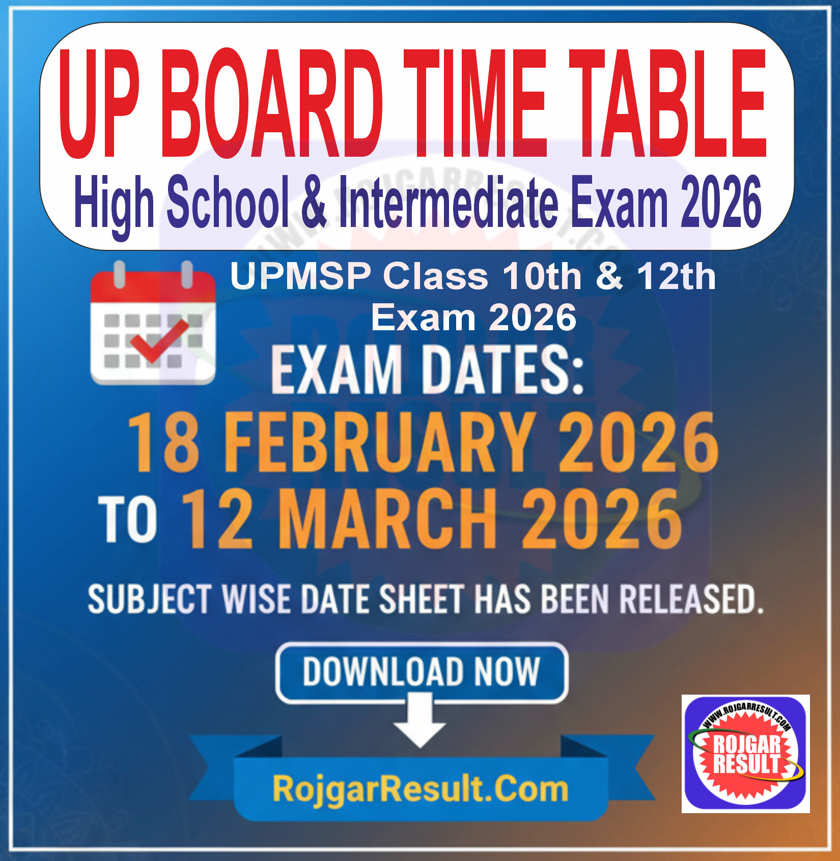 UP Board Time Table 2026 for Class 10th and 12th