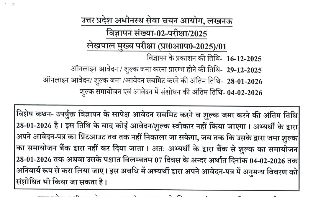 UPSSSC Lekhpal Online Form 2026 for 7994 Post